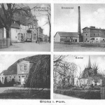 Brojce, gospoda i sklep kolonialny, gorzelnia, plebania, kościół; karta pocztowa1931 rok.