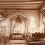 Kiełpino, kościół, widok z nawy na prezbiterium, lata 30/40. XX wieku, fot. Gebr. Rogorsch, Danzing