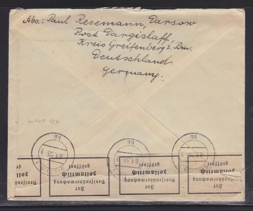 Koperta (rewers) listu wysłanego z Dargosławia w 1938 roku do odbiorcy w USA.